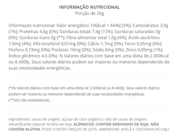 Imagem de CHOC Chocolate 80% Cacau Açúcar de Coco e Nibs 80g