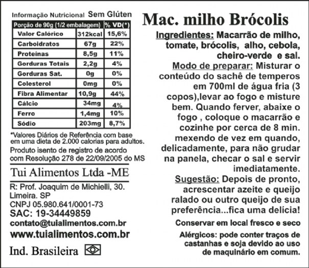 Imagem de Macarrão de Milho com Brócolis Sem Glúten Tui Alimentos 180g