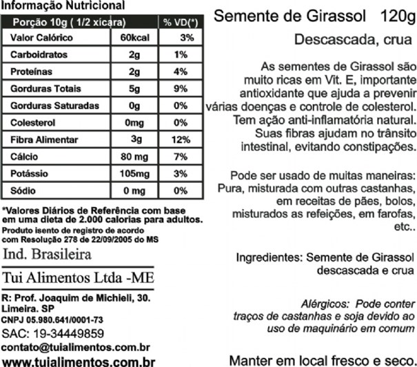 Imagem de Semente de Girassol Tui Alimentos Desc e Crua 120g