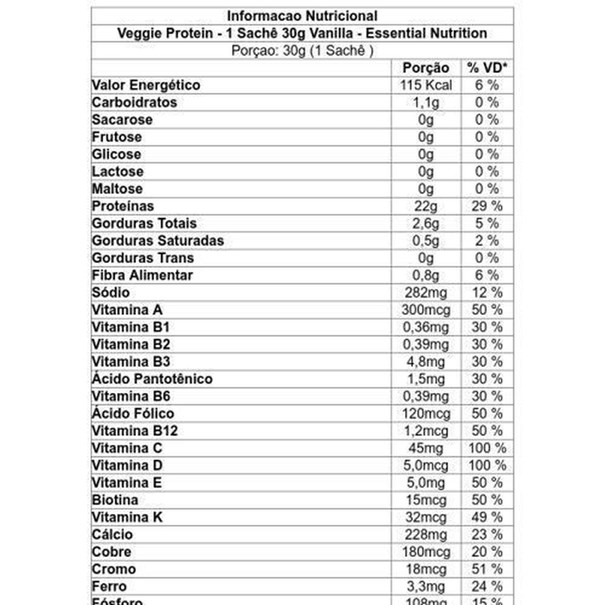 Imagem de Veggie Protein Vanilla Essential Nutrition Sachê 30g