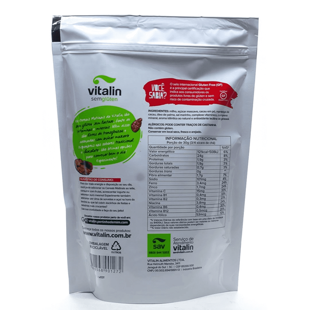 Imagem de Cereal Matinal Sabor Chocolate s/ Glúten c/ Açúcar Mascavo 200g - Vitalin